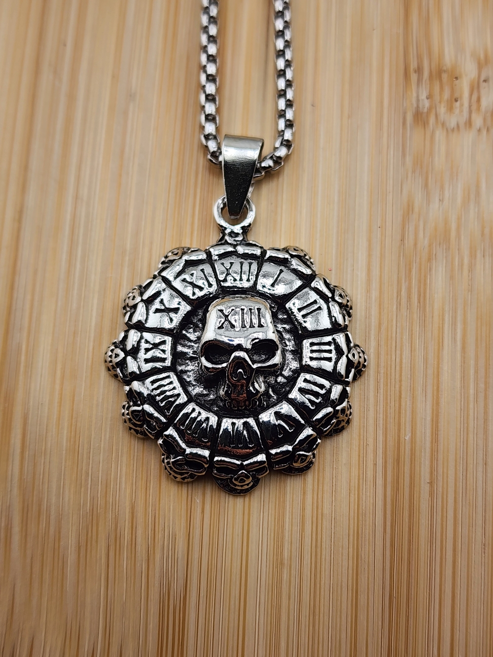23in Sterling Tone -Style Silver Skull Roman Numeral Pendant Necklace -  0610